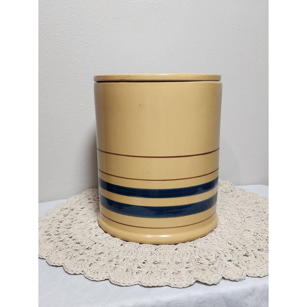 Vintage Over & Back Yellow Ware Lg Canister Blue Brown Stripes Farmhouse Crock